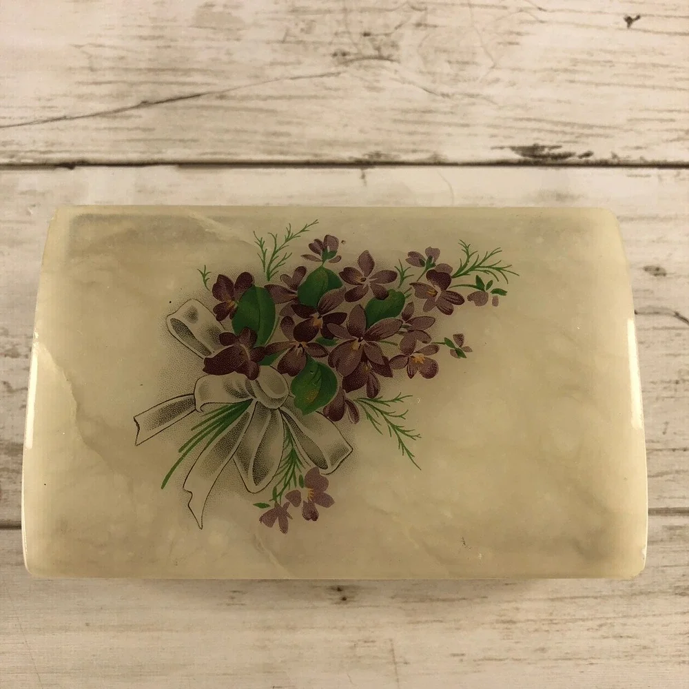 Vintage Alabaster Trinket Box Purple Floral Hinged Jewelry Box Stone Keepsake